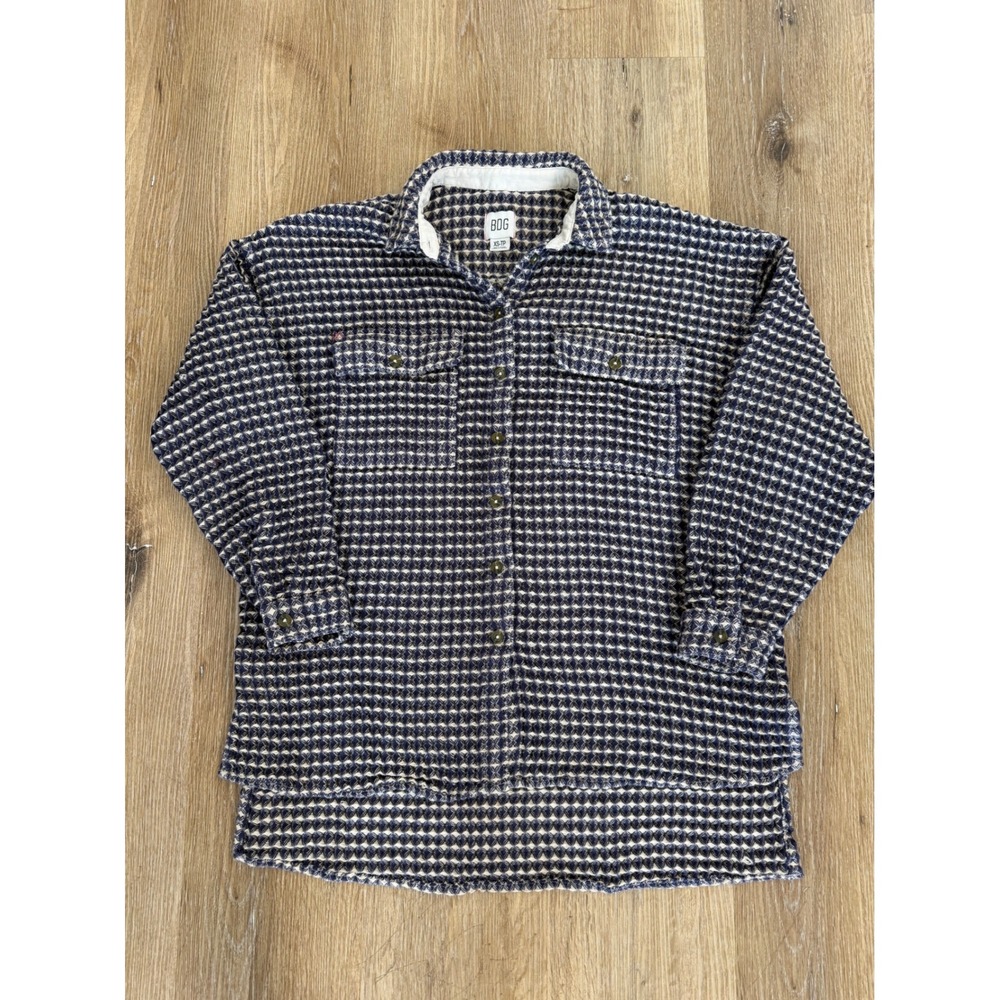 BDG Geometric Textured Button Down Shirt Women XS Navy Blue High Low Shacket
